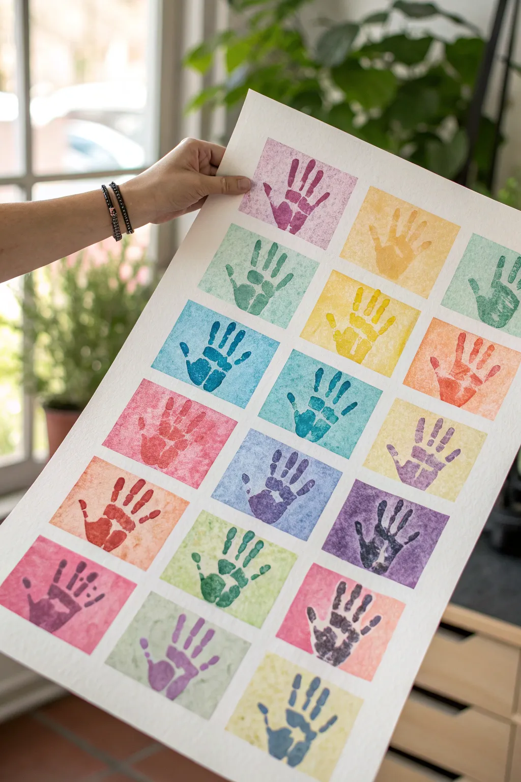 Handprint pop art grid with bold colors, dotted backgrounds, and crisp outlines for easy DIY flair