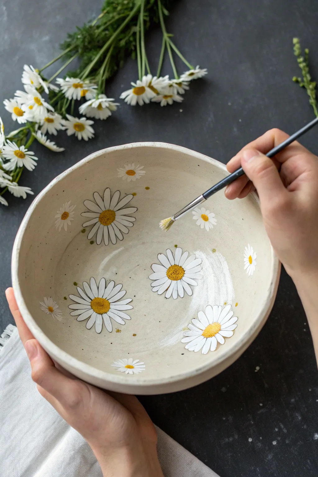 Daisy scatter pottery pattern: simple white blooms you can paint in minutes on a bowl
