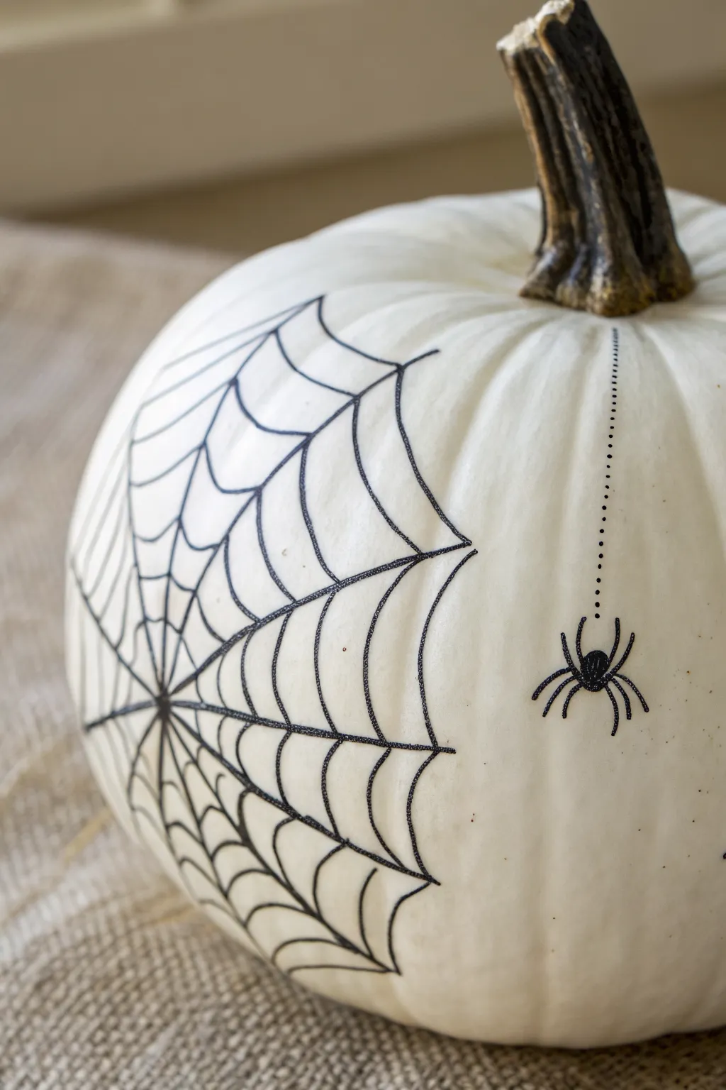 Minimal spiderweb corner on a pumpkin with crisp marker lines and a tiny hanging spider detail.