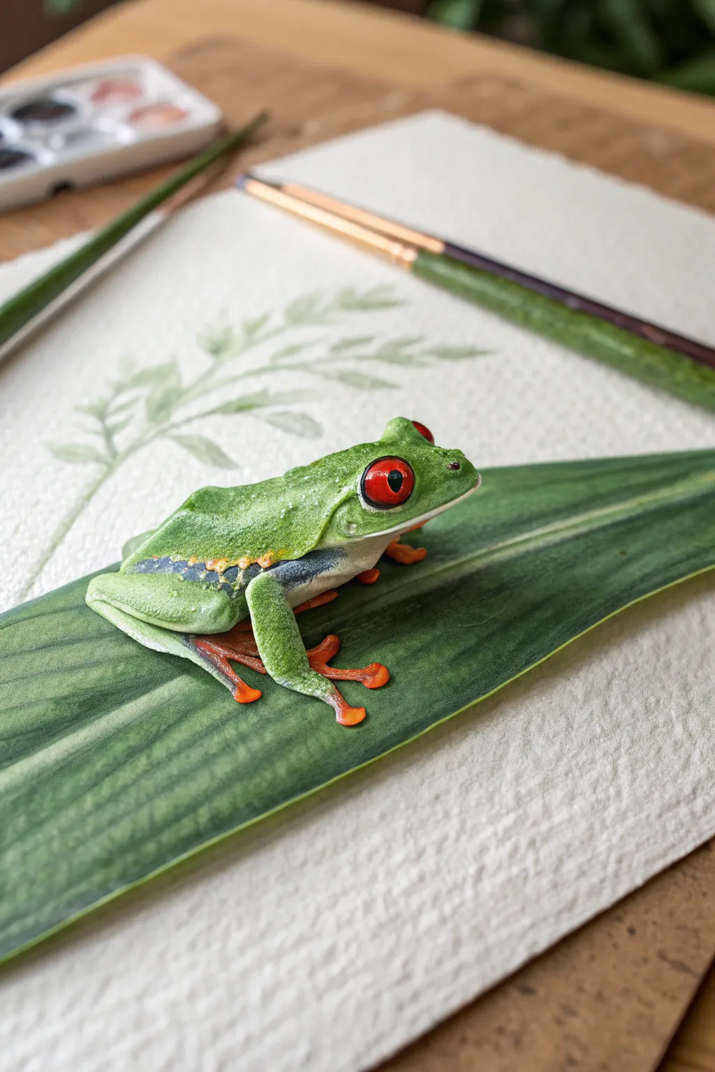 Bright red-eyed tree frog on a lush leaf, simple rainforest art inspiration with crisp contrast