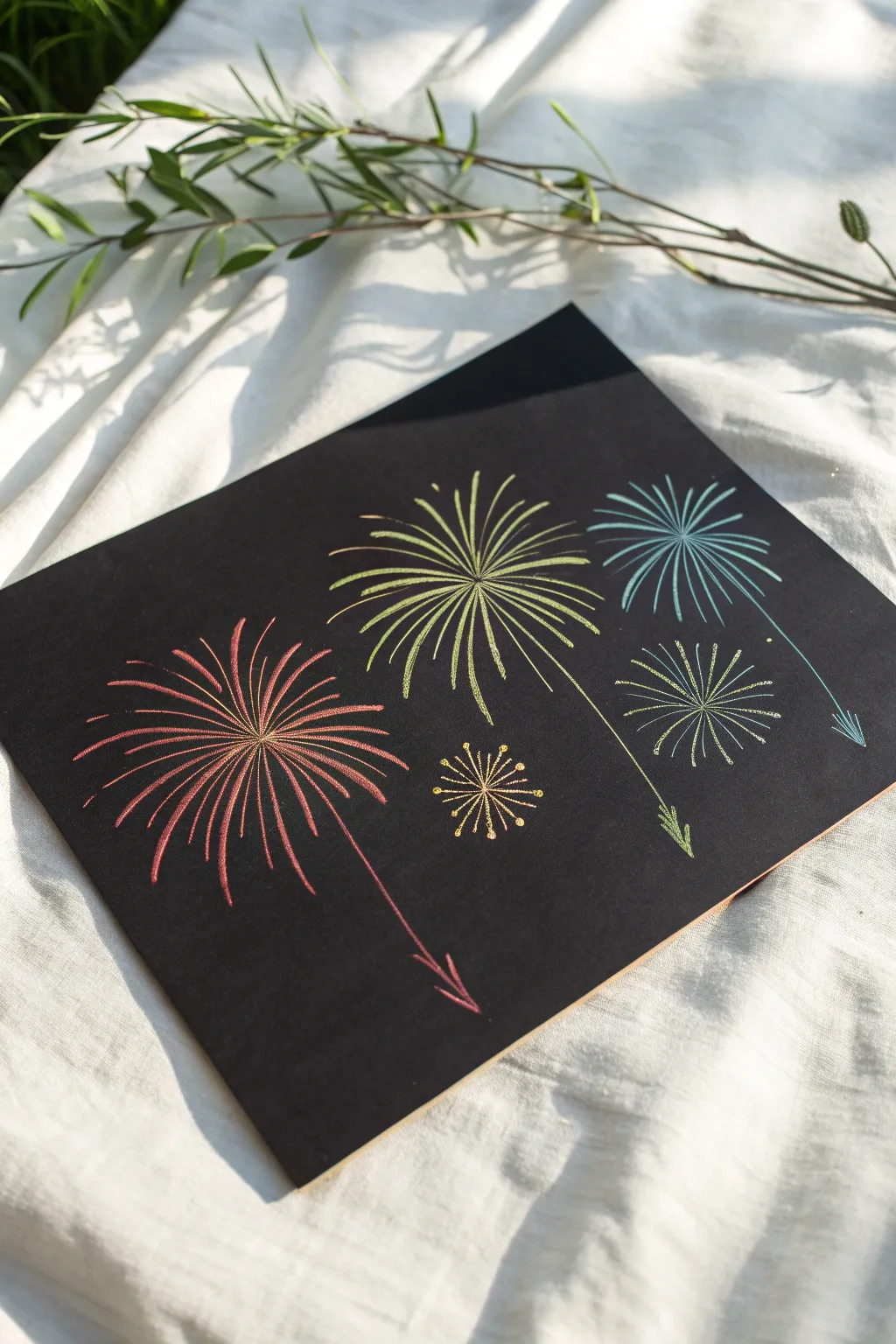 Minimal scratch art fireworks with rainbow bursts above a calm horizon, clean and high contrast