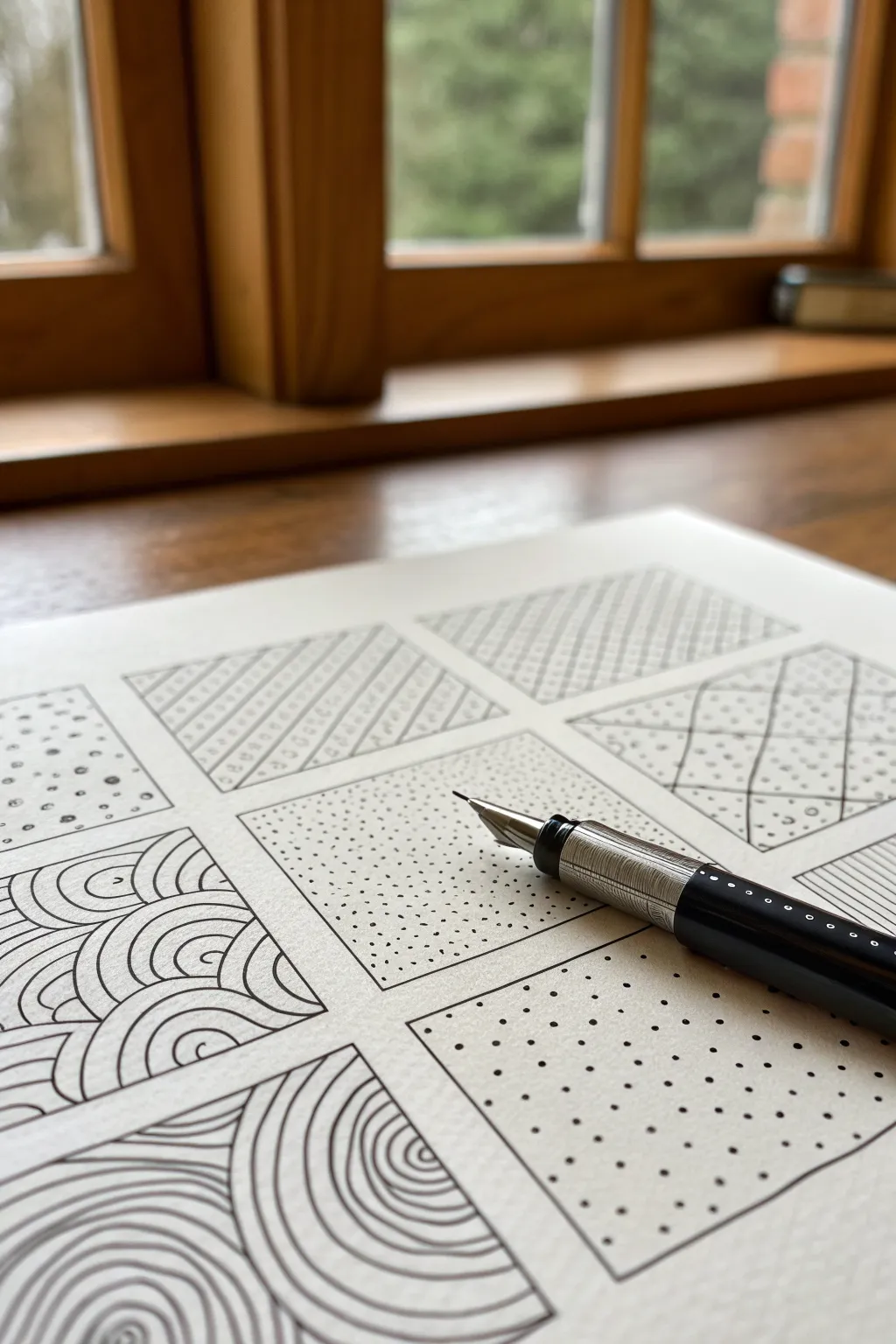 Dot-and-dash texture scribble up close, soothing detail with crisp contrast on warm paper.