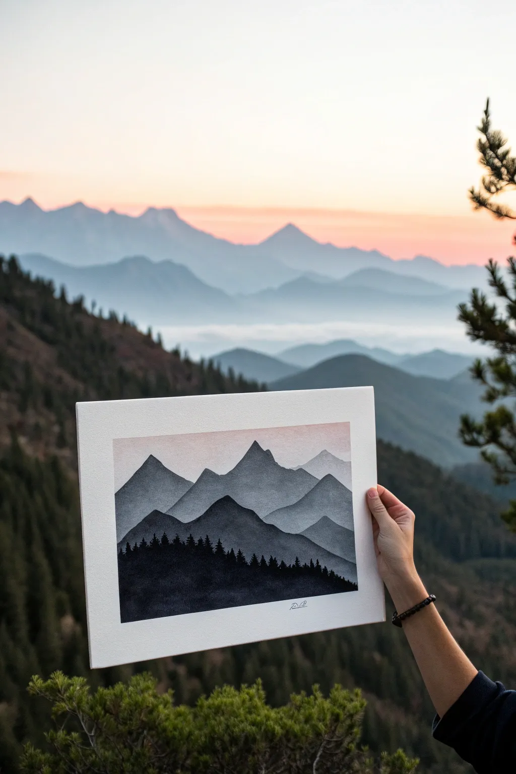 Simple layered mountain silhouette with a soft sunrise gradient, perfect for easy shadow painting