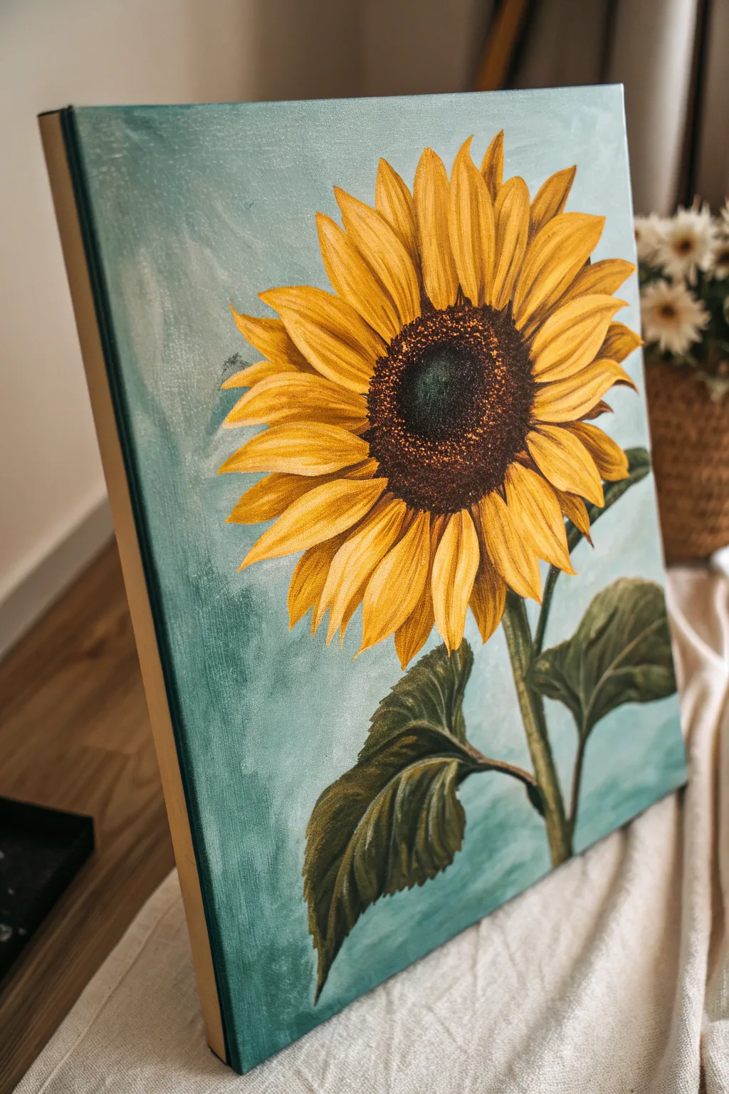 Bold sunflower close-up with stippled center texture and a clean blended background for easy sip and paint