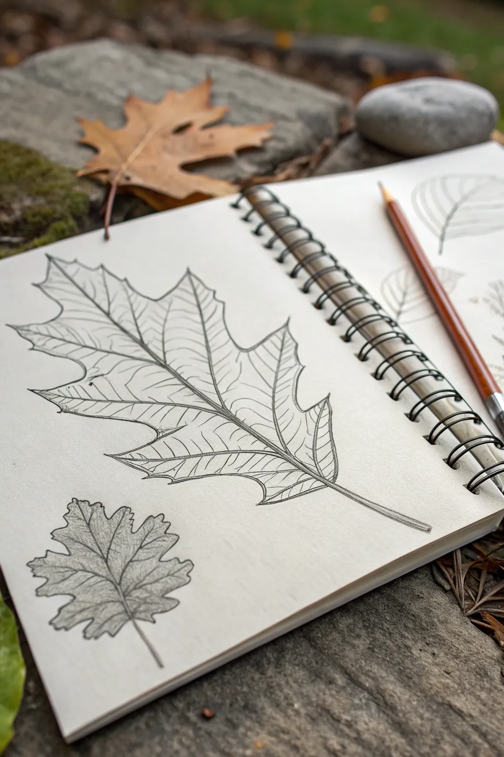 Leaf sketch in five clean stages, from outline to veins and soft hatched shading.