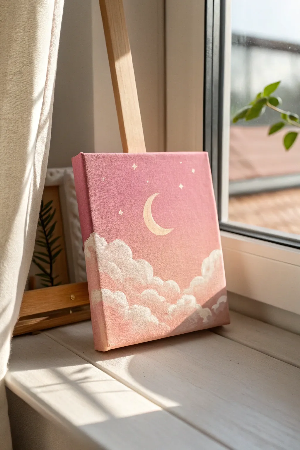 Beginner-friendly pink sky moon canvas with soft clouds, minimalist and dreamy boho vibes