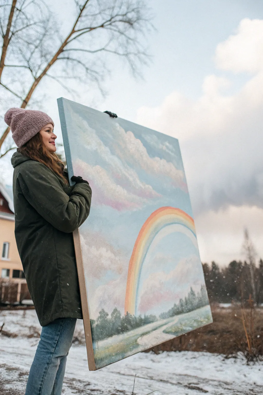 Paint a soft rainbow after rain with dreamy clouds, minimal boho palette and crisp contrast