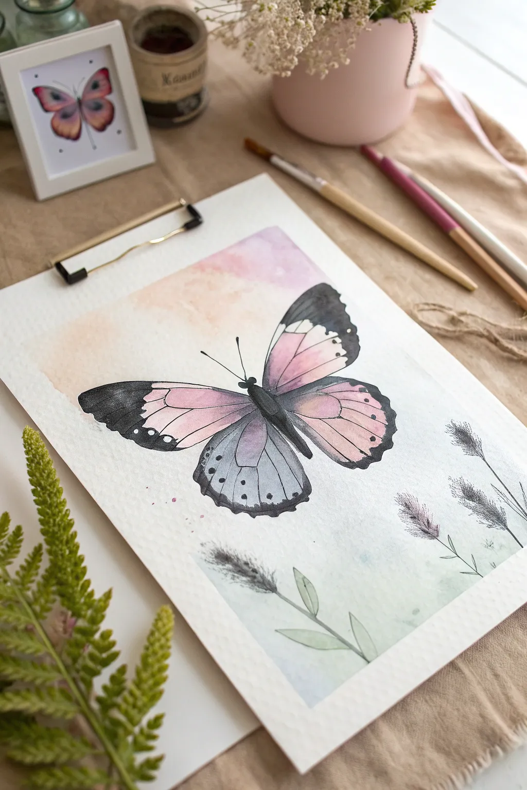 Simple butterfly silhouette over dreamy pastel washes, airy, minimal, and perfect for spring