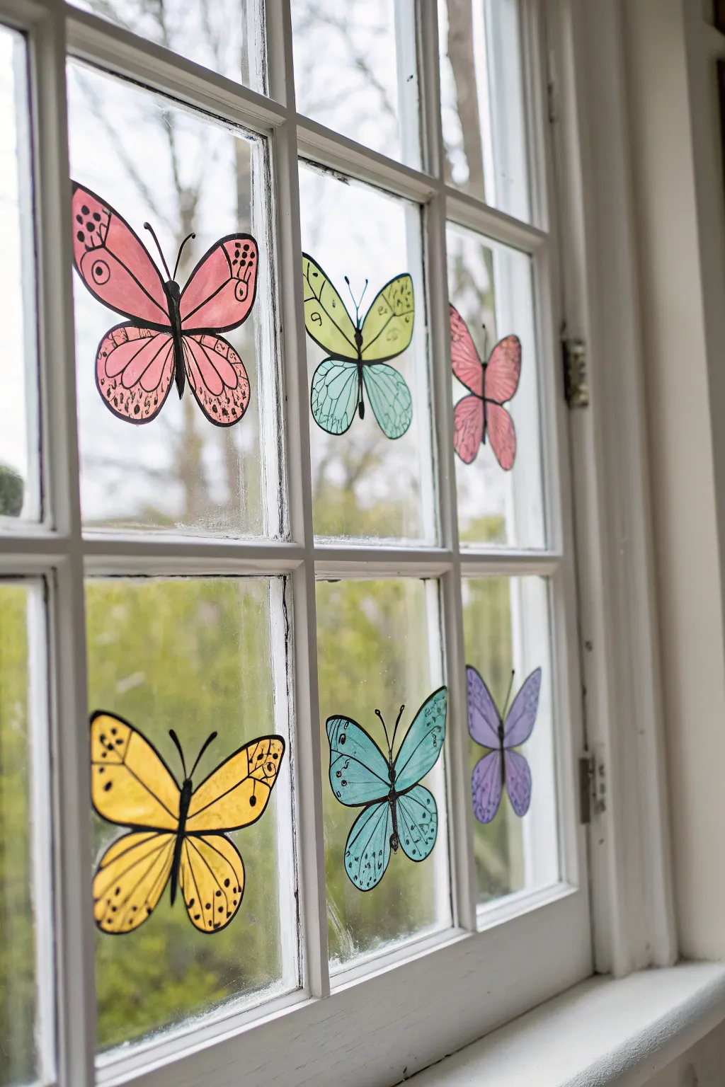 Bright hand-painted butterflies float across the window center in a clean, minimal spring look