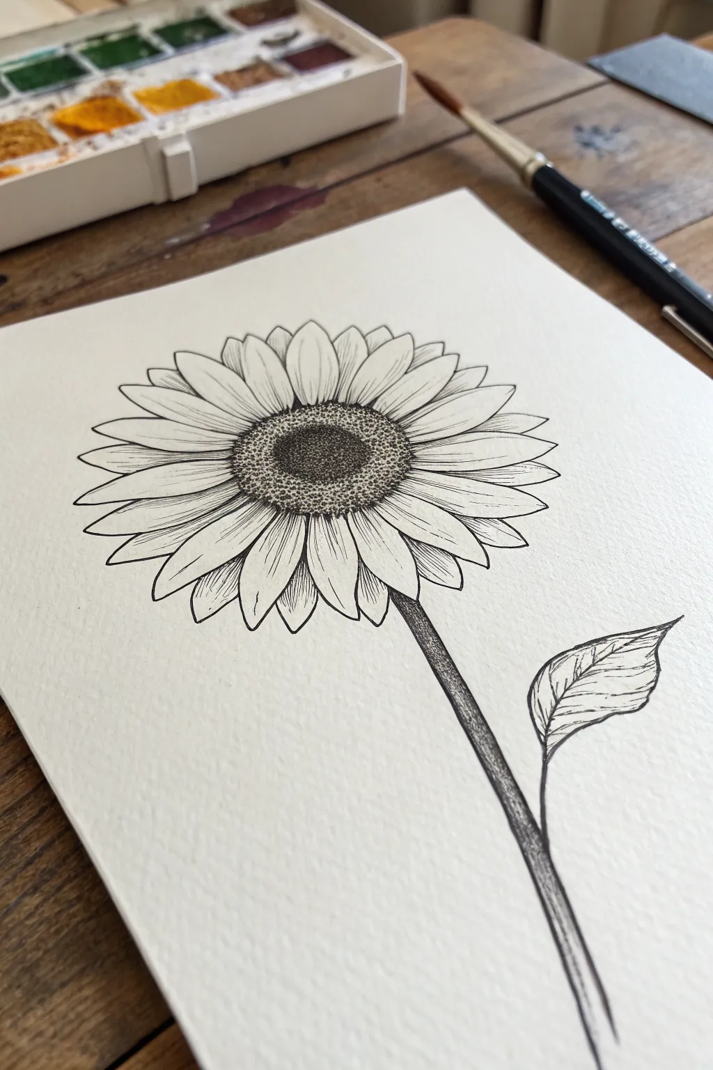 Stipple a sunflower center with simple dot clusters and a clean ring of petals for easy practice.