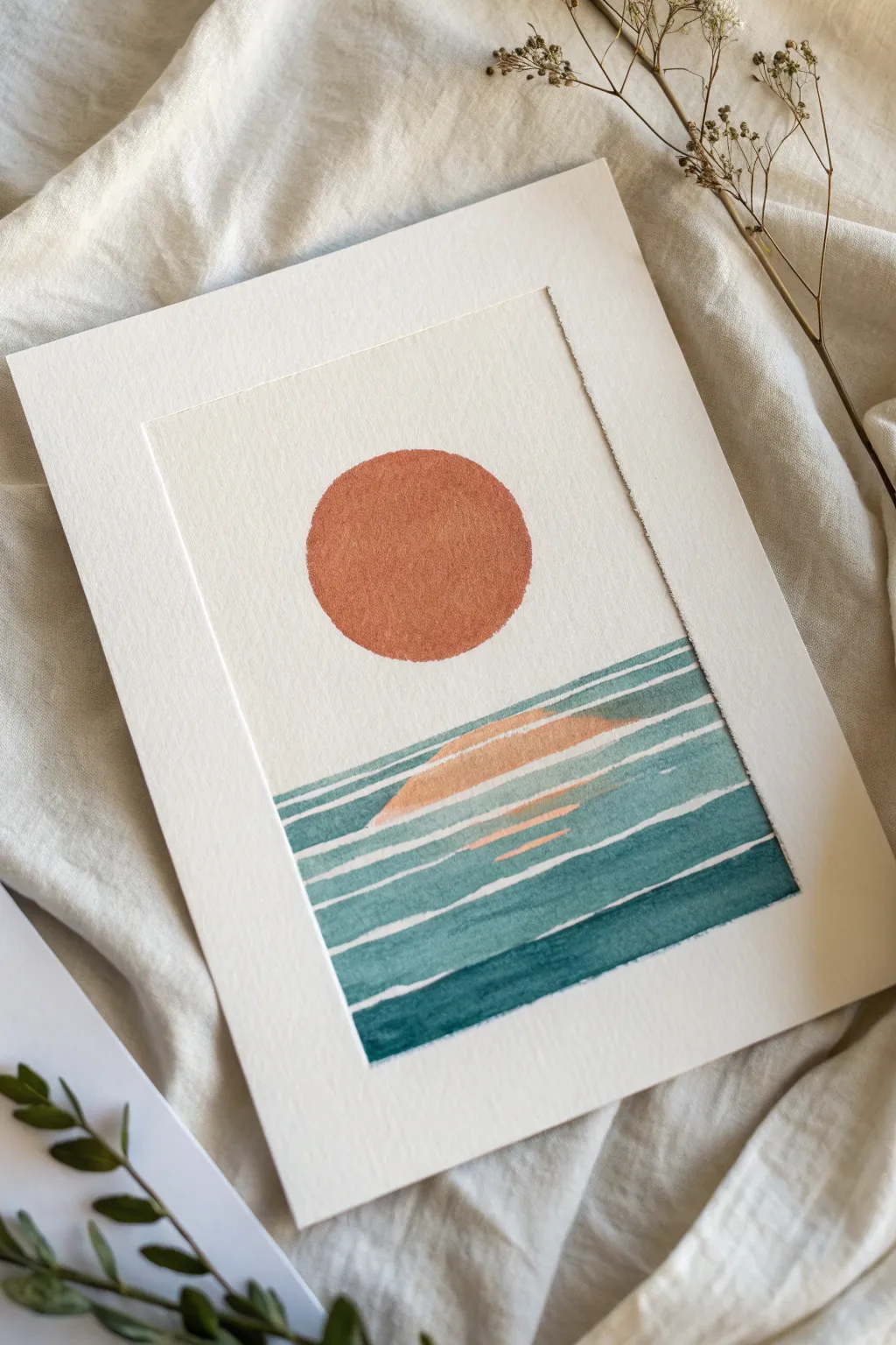 Easy minimalist sun reflection on a calm lake, made with simple horizontal dashes and soft washes