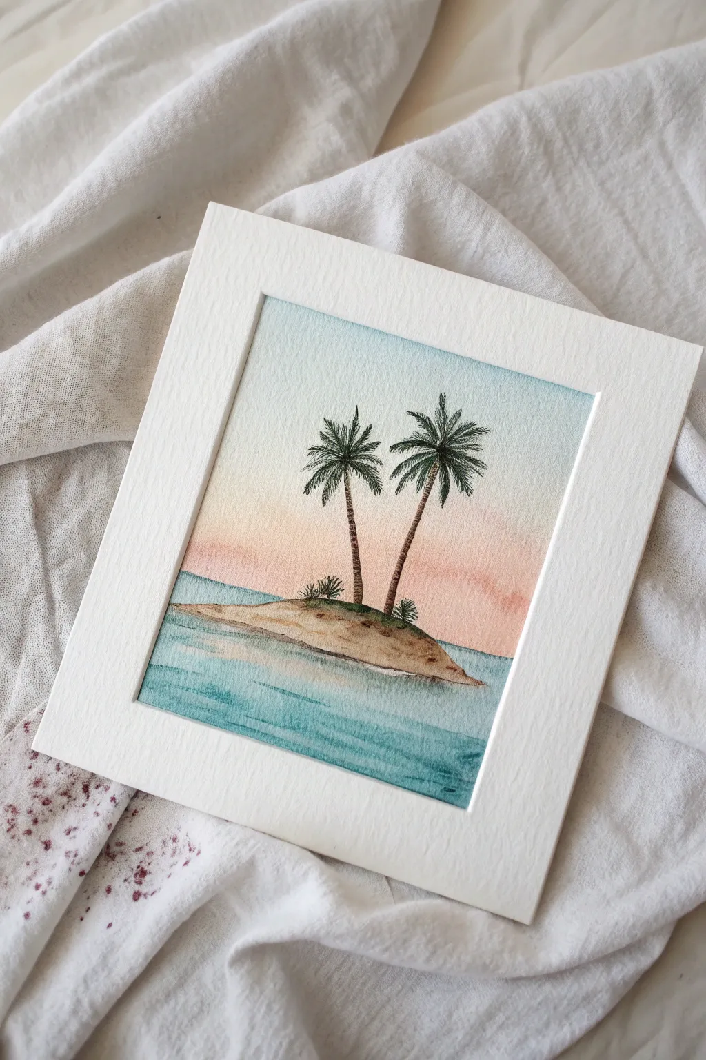 Minimal tiny island watercolor with two palms and soft sunset gradient, perfect easy tropical idea