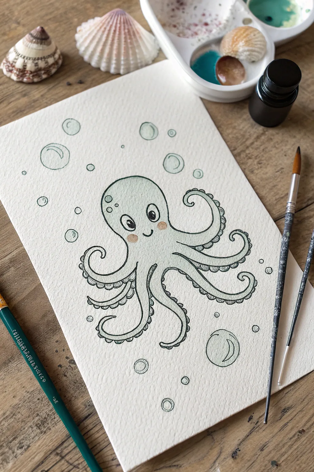 Draw a cute big-eyed octopus with simple suction cups and bubbles in a clean minimalist style.