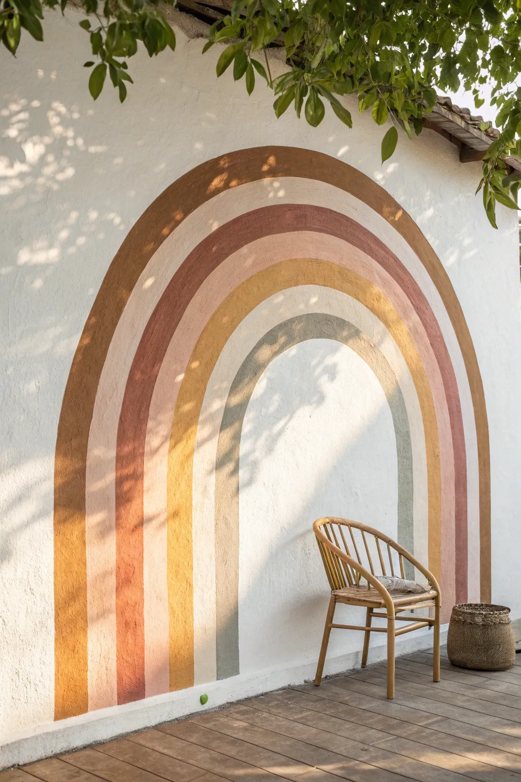 Clean neutral rainbow arch mural behind a simple chair, an easy wall drawing with modern calm.