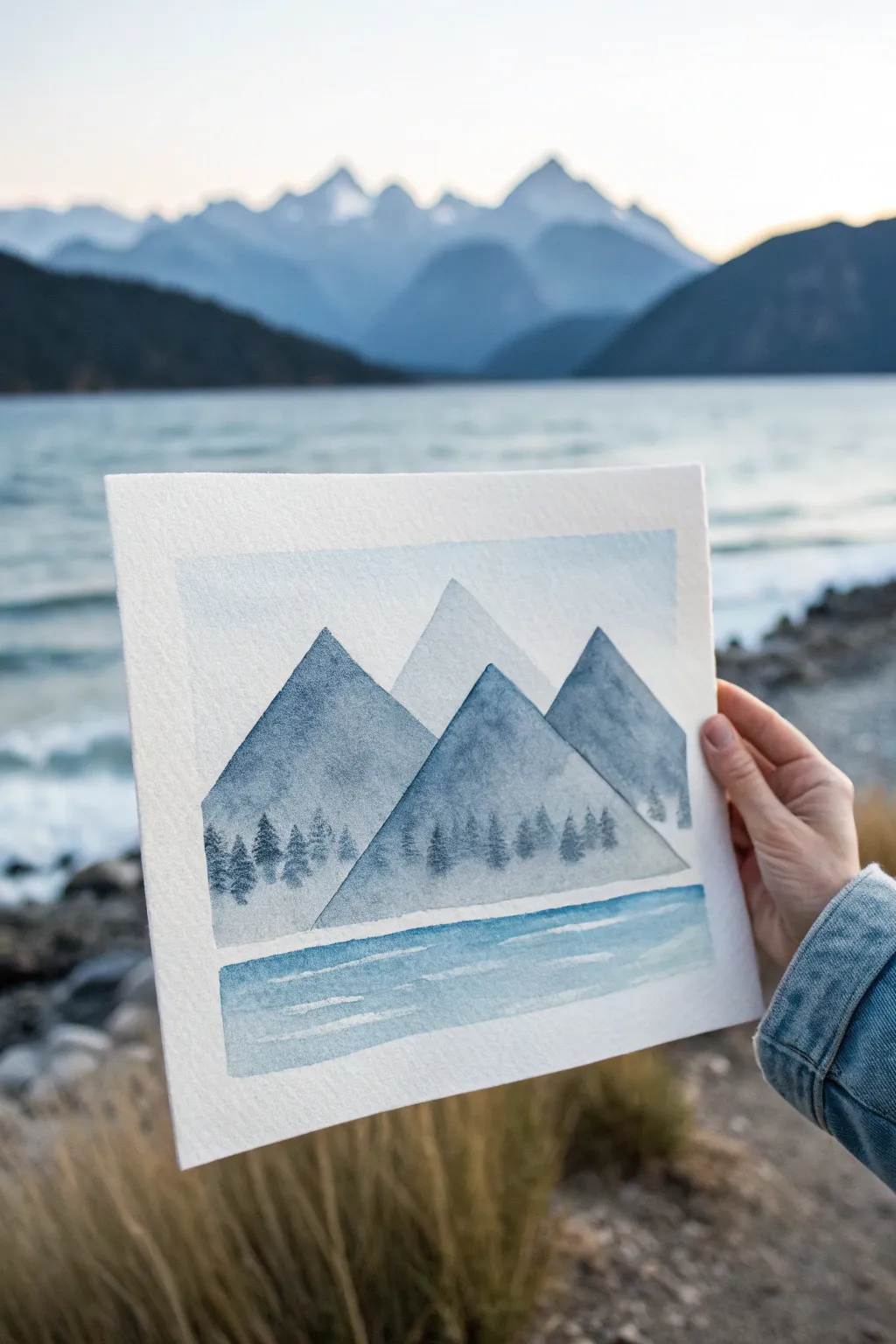 Simple layered mountain watercolor in blue-gray tones, perfect beginner landscape practice