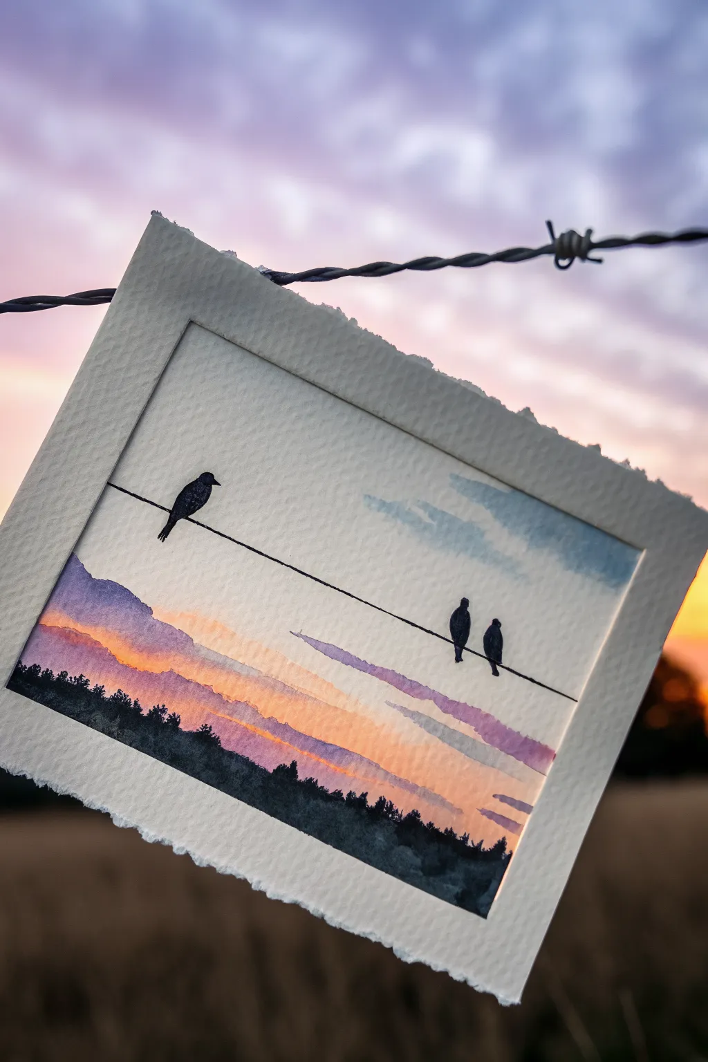 Tiny birds on a wire against a dreamy dusk wash, minimalist watercolor idea to copy.