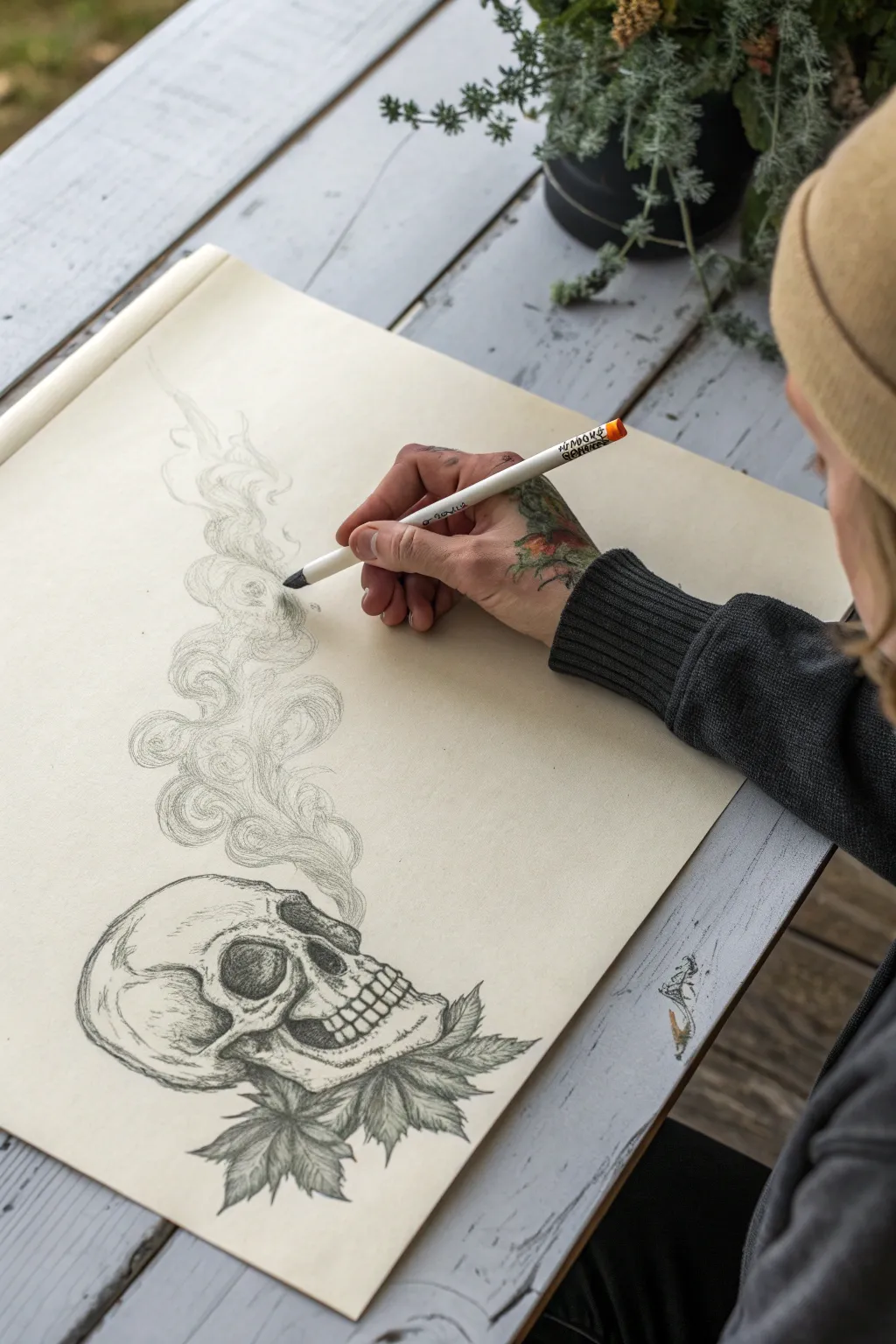 Edgy sketch: gritty hand with a cigarette, smoke curling into surreal skull and face shapes