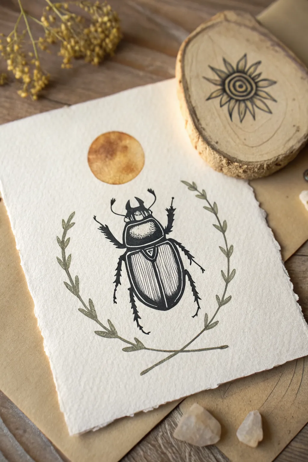 Minimal scarab beetle icon with sun disk, an easy Egyptian motif for clean line drawing practice.
