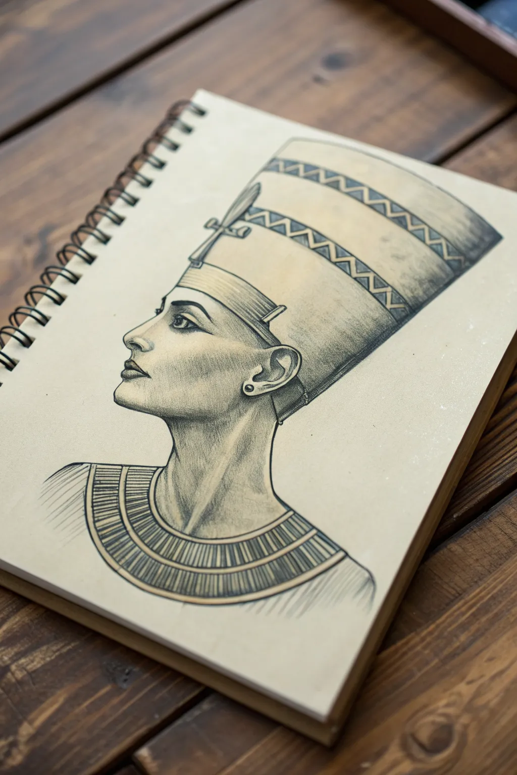 Serene Nefertiti-inspired bust: clean contour lines, flat crown silhouette, and bold collar contrast