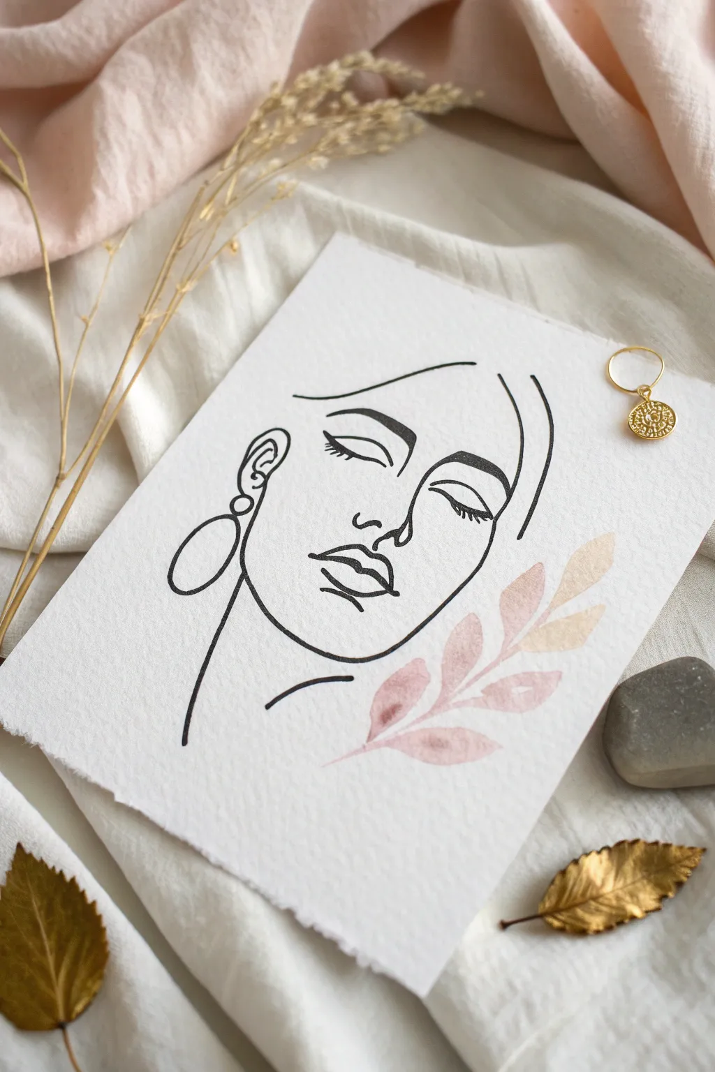 Minimal one-line face portrait with blush washes and a tiny gold leaf detail for luxe elegance