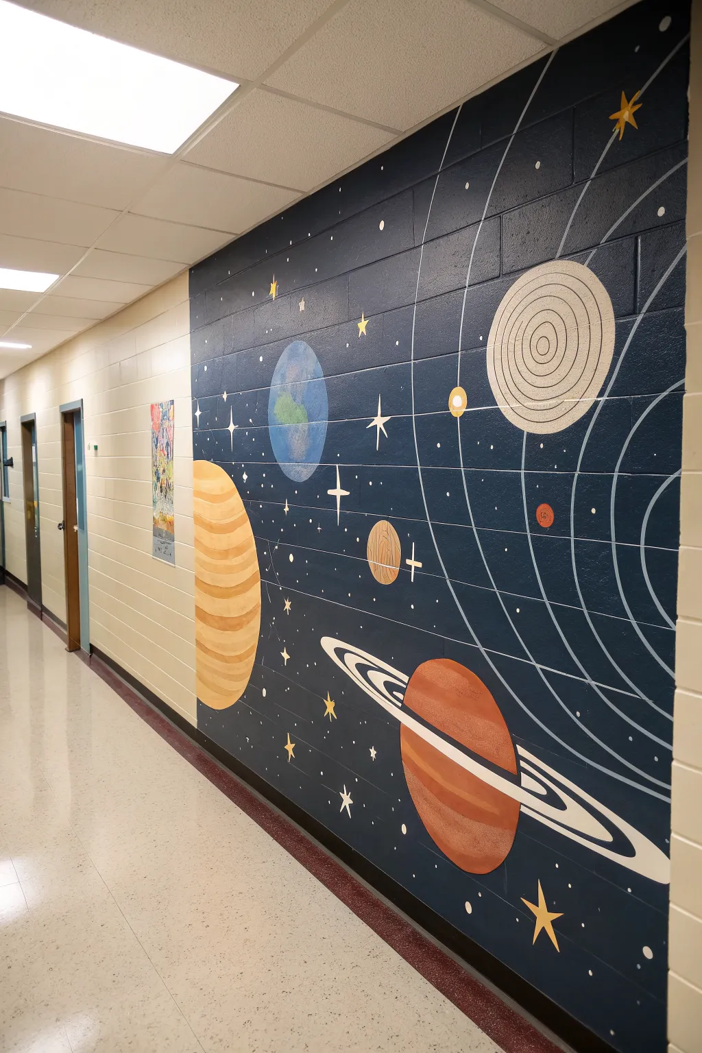Minimal solar system hallway mural: bold planets in order with playful scale and calm boho hues.