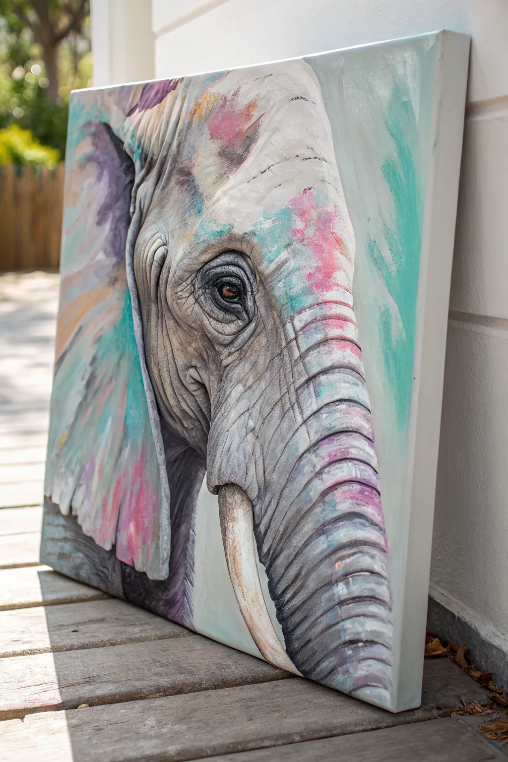 Colorful elephant close-up with bold acrylic brushstrokes in a calm minimalist setting
