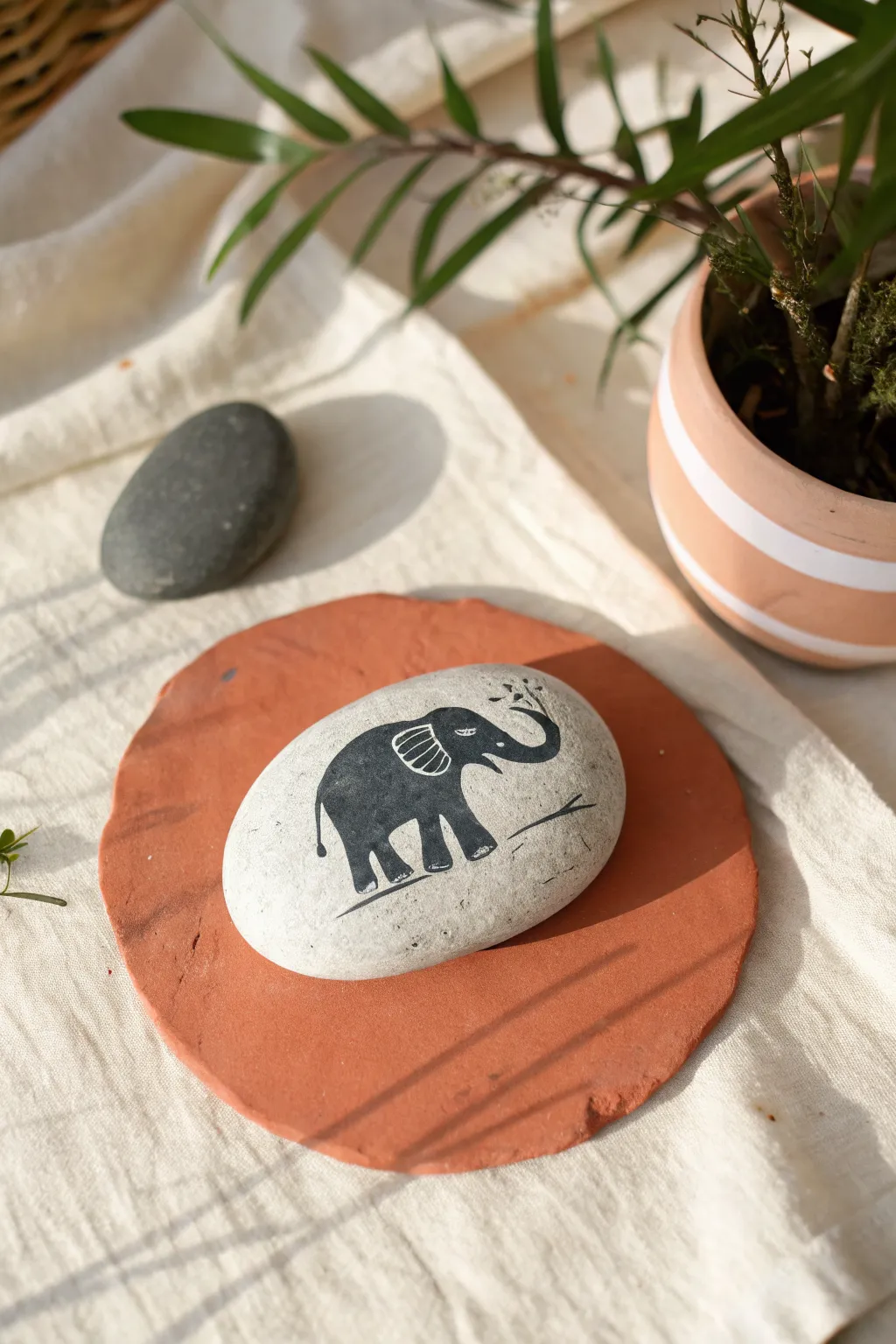 Minimal elephant rock art with a terracotta color-block backdrop, simple, bold, and handmade.