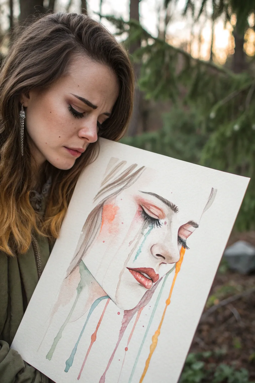 Quiet sorrow in watercolor: tears melt into vivid drips, simple, raw, and beautiful.