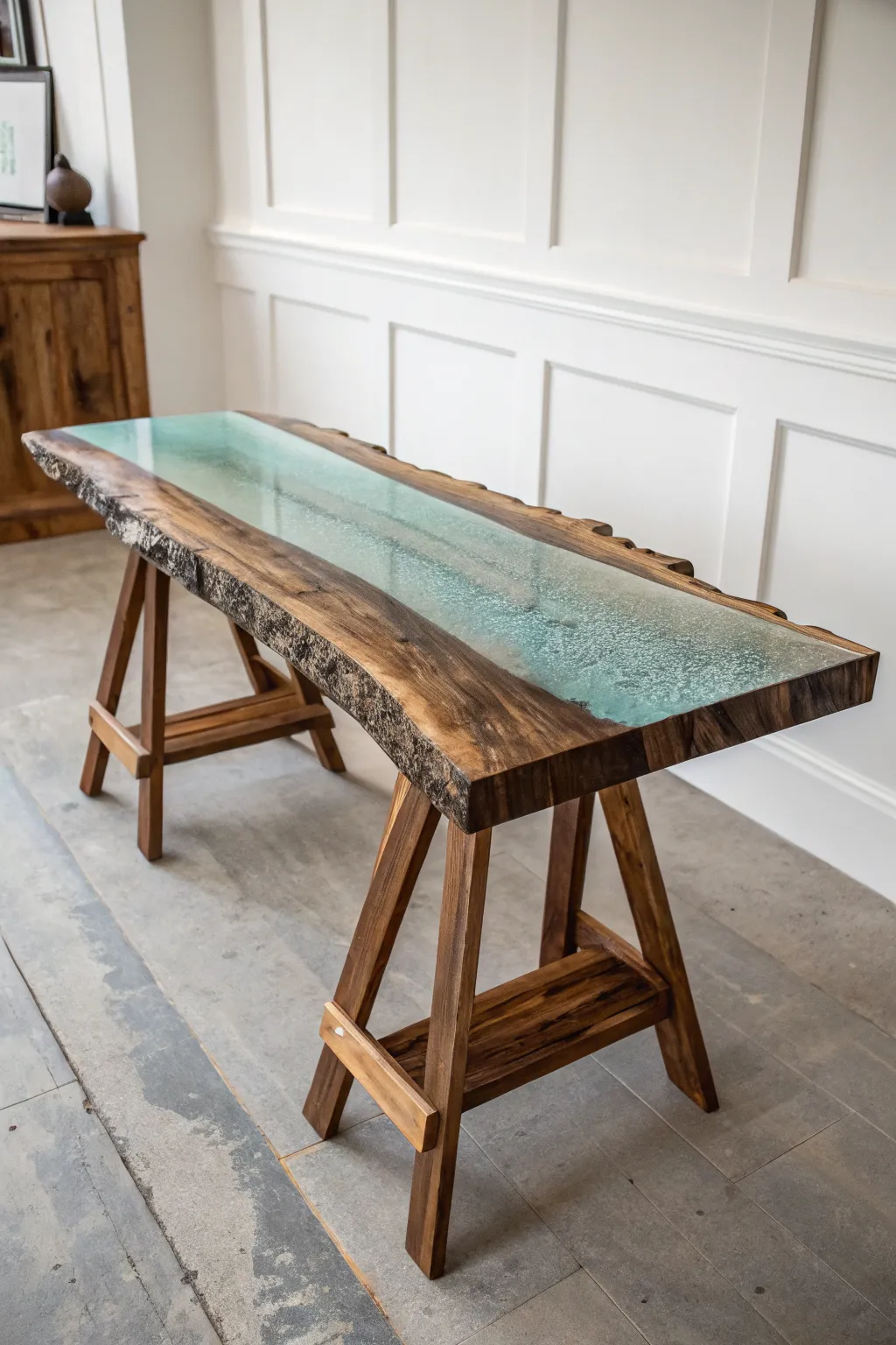 Live-edge resin tabletop with a sea-glass river pour, ready to become a chic side table.
