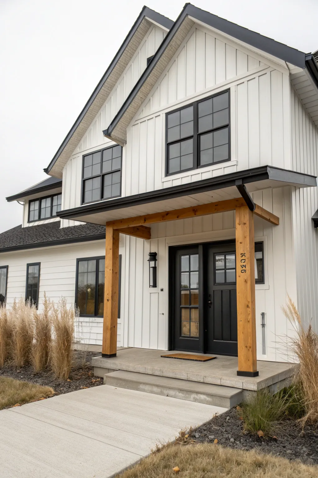 Modern farmhouse exterior: light siding with bold dark trim for clean, cozy contrast.