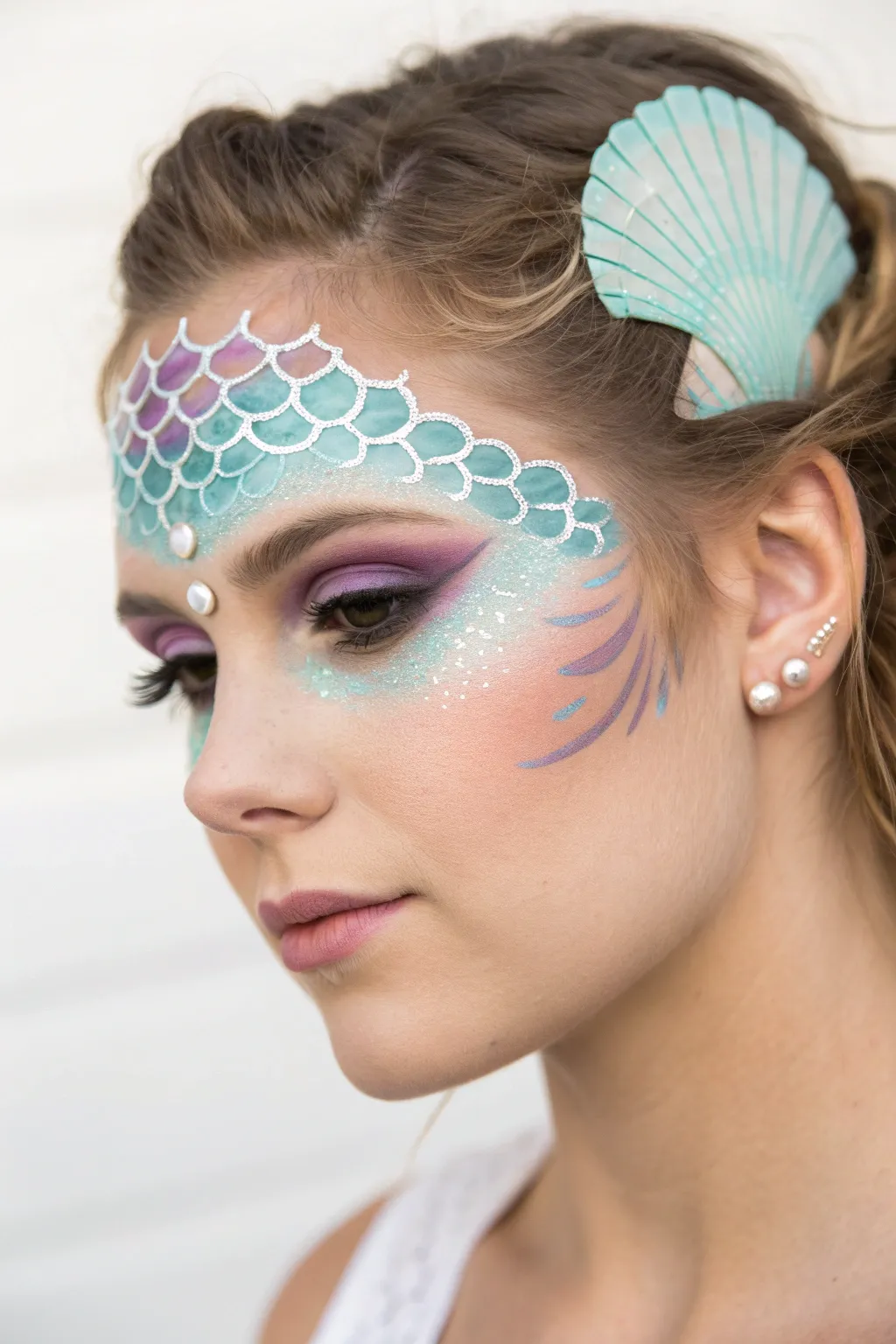 Cool-toned mermaid scale eye mask with seashell glow, minimalist beauty for face paint