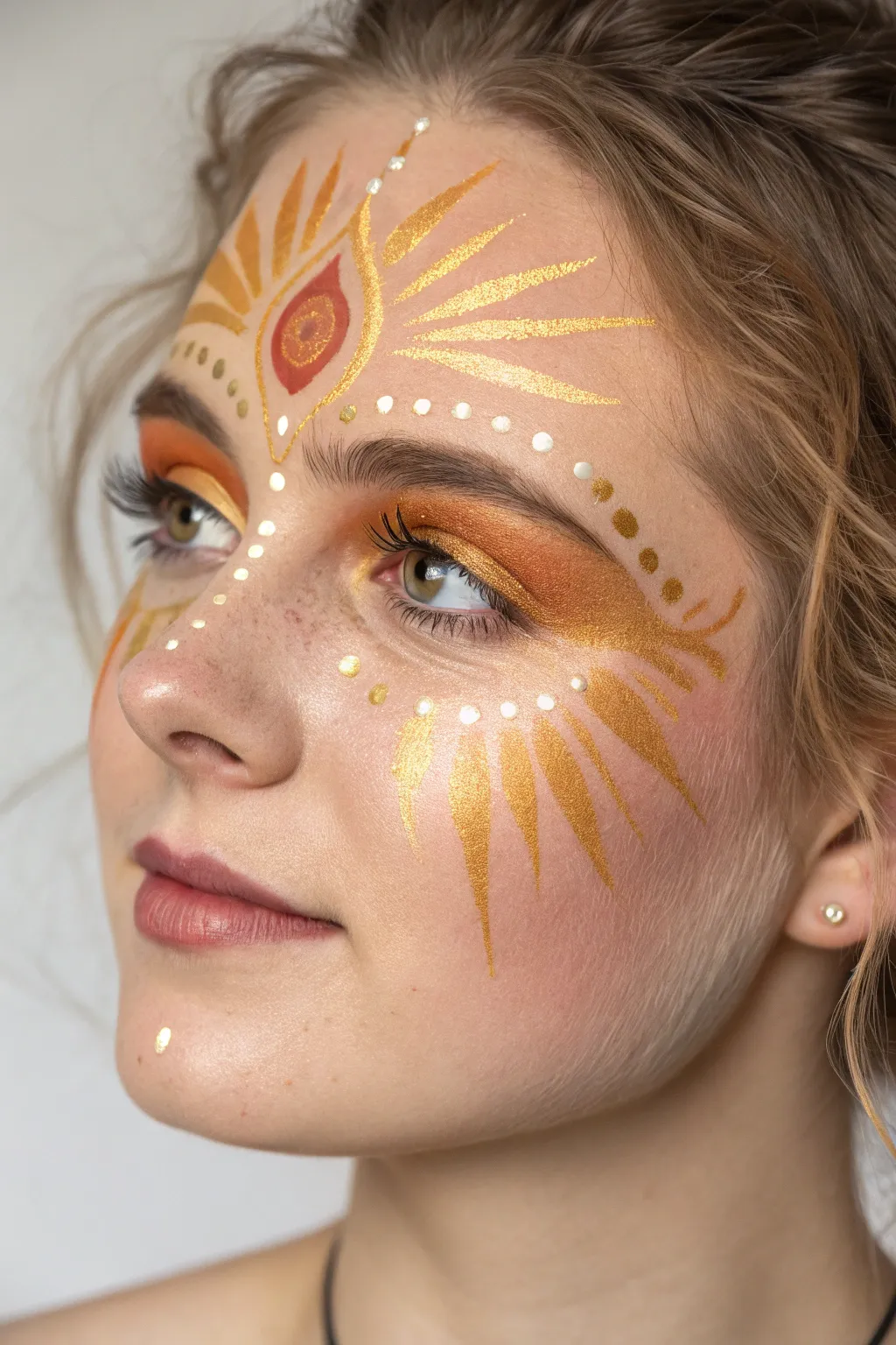 Golden sunbeam fairy face paint with peach-gold wings and a glowing gem-like forehead focal point