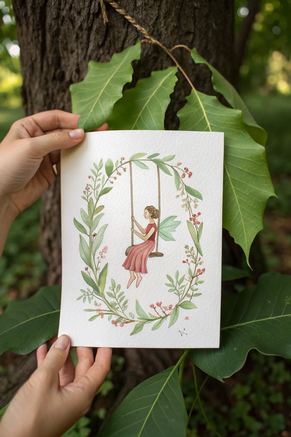 Paint a tiny fairy on a curled leaf swing, with soft blurred blooms for fairy garden charm.