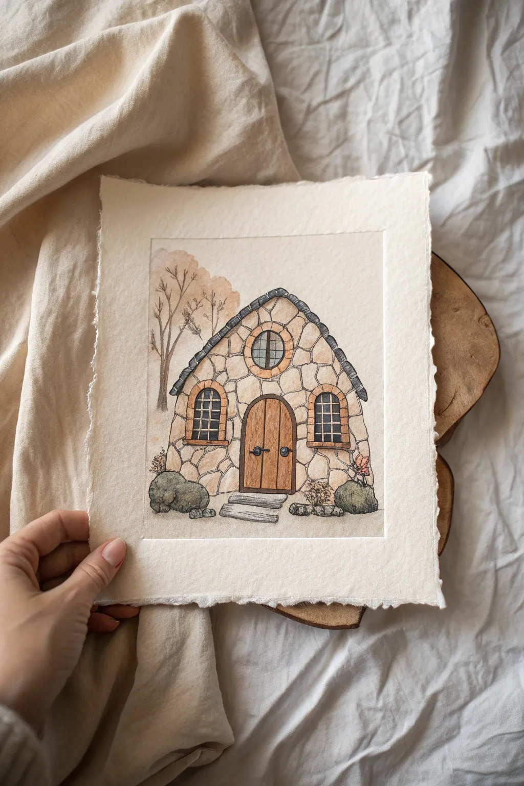 Whimsical fairy house facade with oval windows and curvy handmade stonework, boho minimal charm.