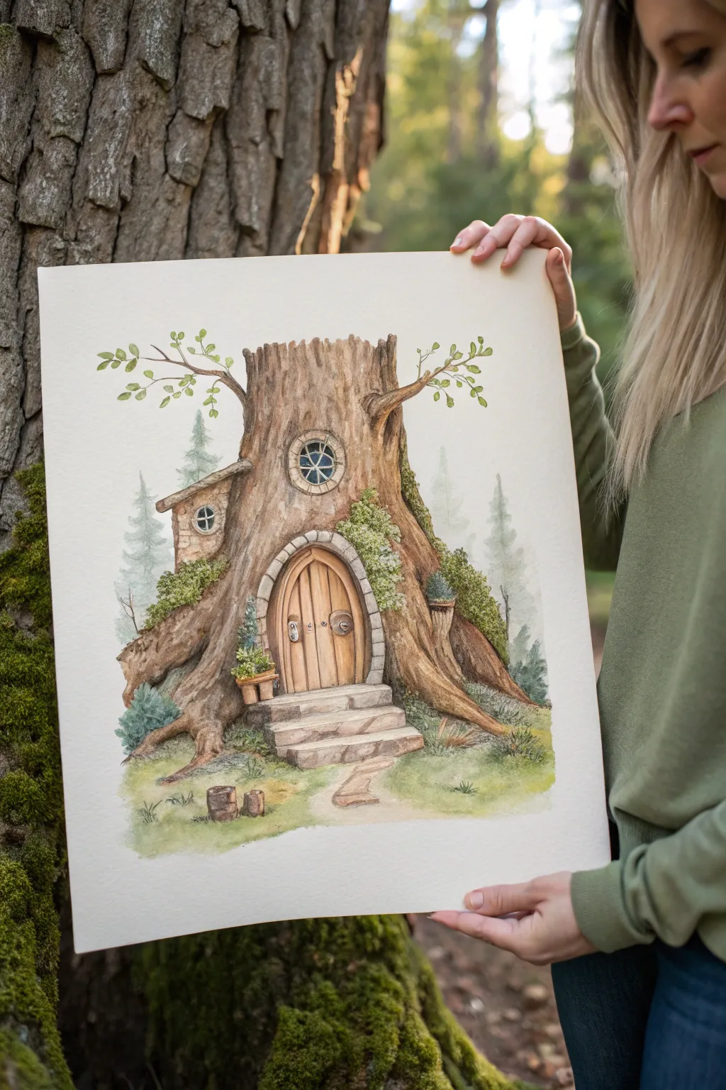 Cozy tree stump fairy house illusion with bark texture, knothole door, and soft mossy accents.