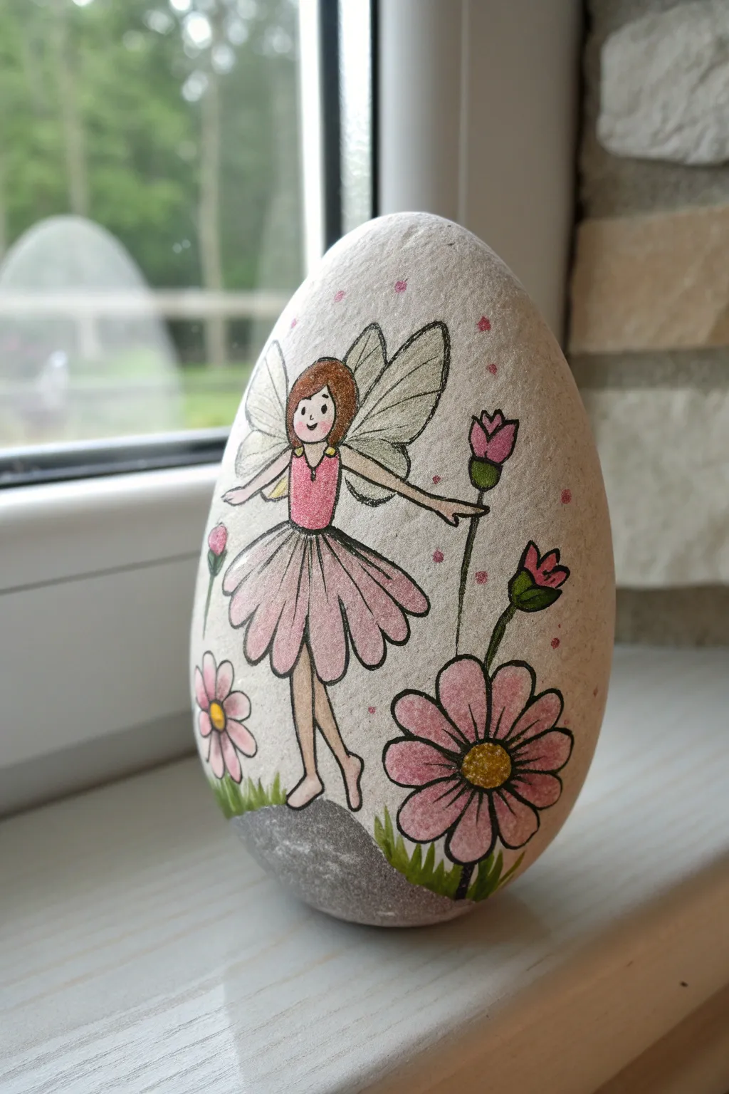 Flower fairy rock painting with a petal skirt and pastel wings in a minimal boho palette