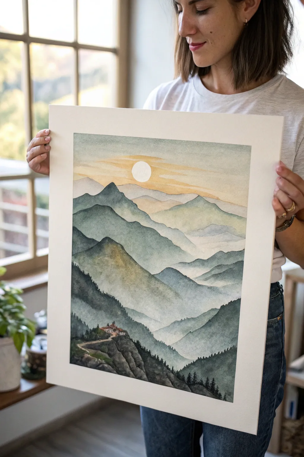 Layered misty mountains in minimalist watercolor, a serene faith-inspired landscape drawing idea