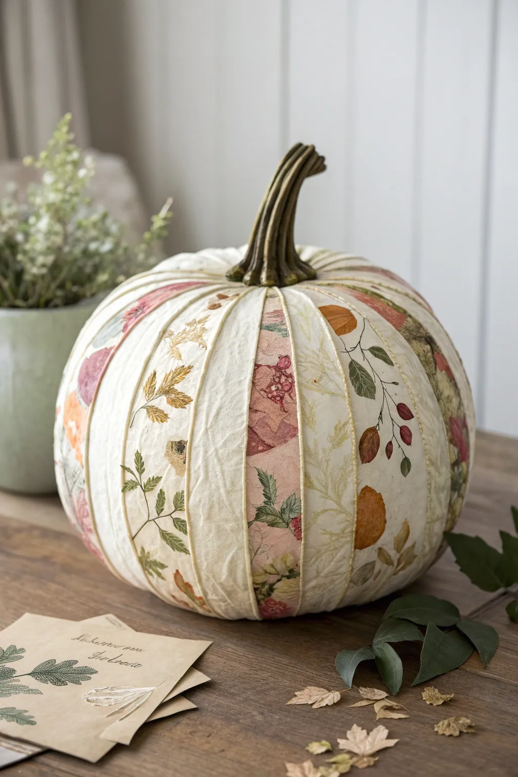 Vintage botanical decoupage turns a faux pumpkin into a glossy heirloom-style fall accent.