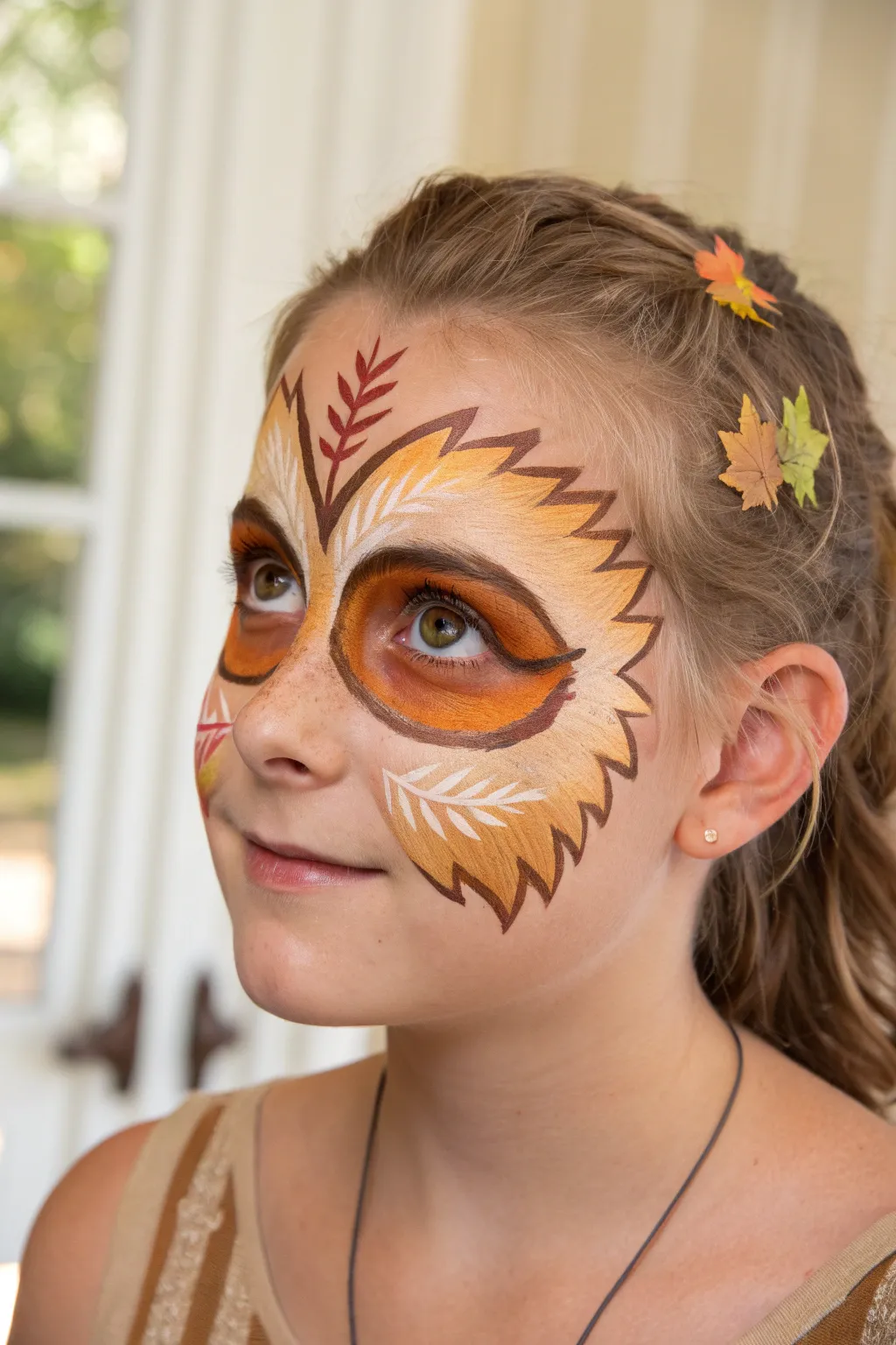 Cozy owl eye face paint in warm amber and browns, finished with tiny fall leaf accents
