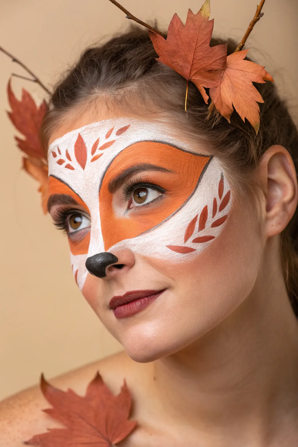 Woodland fox festival mask with crisp autumn leaf accents, minimalist boho fall vibe