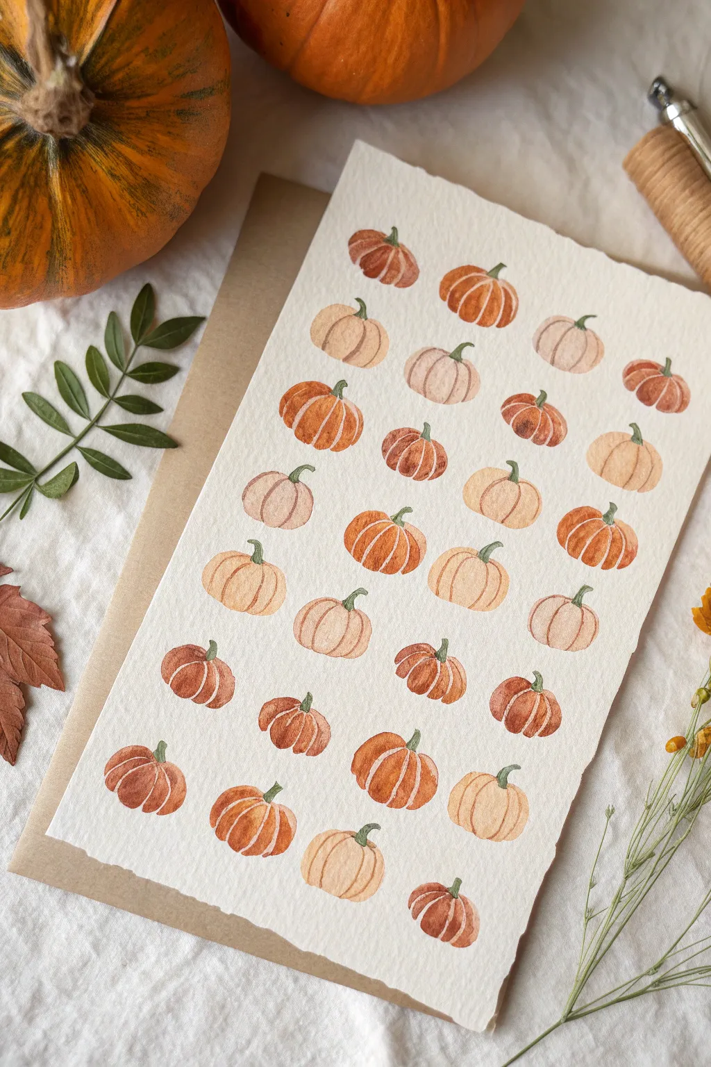 Cozy pumpkin patch made with simple orange fingerprints and tiny green stems, perfect for fall.