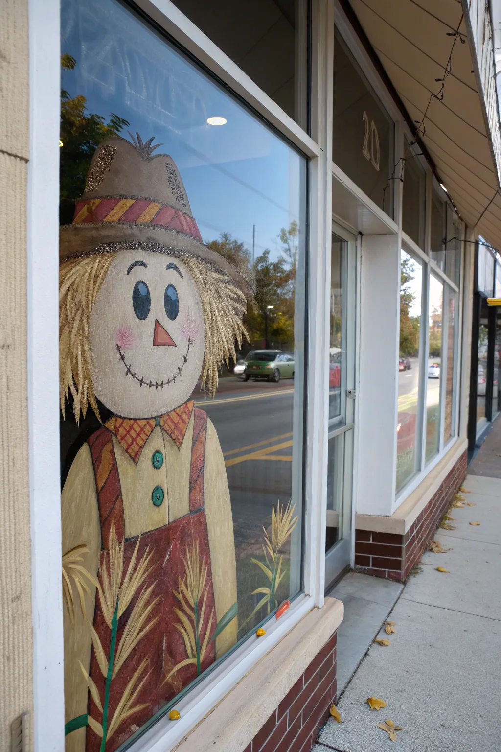 Friendly scarecrow window painting peeking in from the side, cozy minimal fall charm