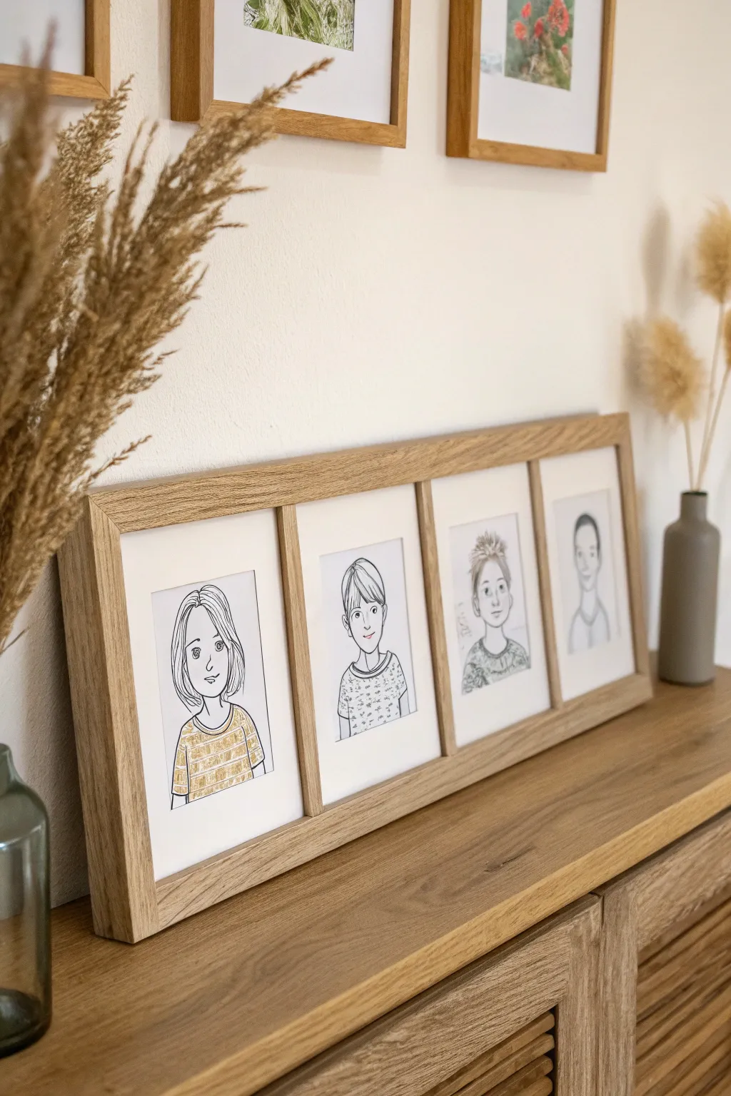 Swap-night portraits become a mini gallery: imperfect drawings, big family laughs.