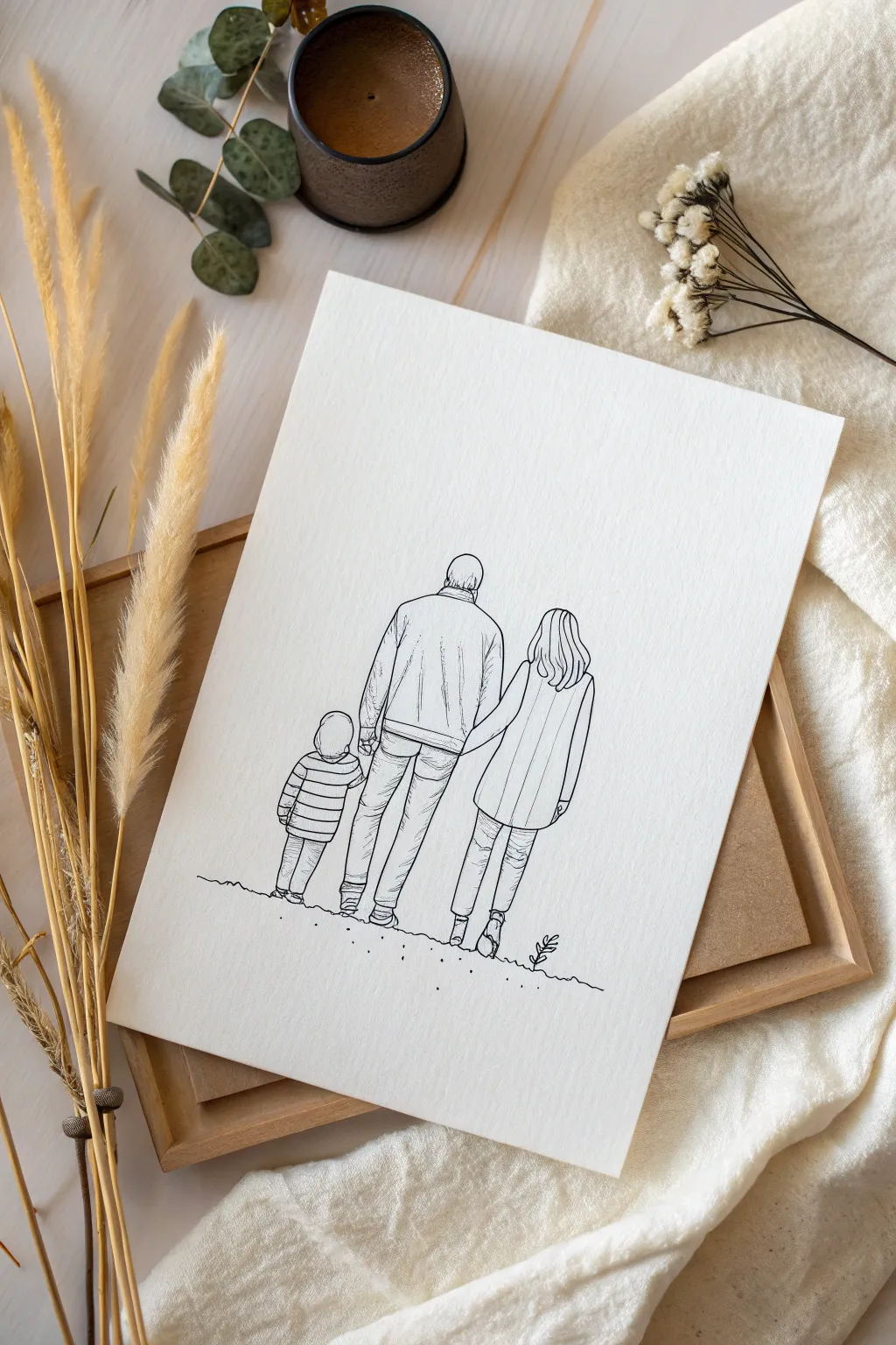 Minimalist continuous-line family sketch idea with plenty of negative space and modern calm.