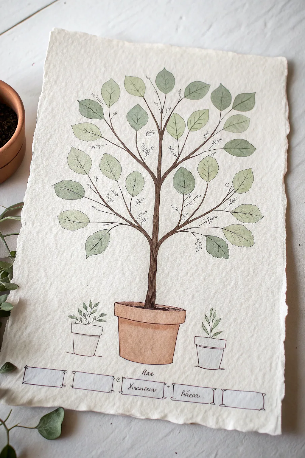 Minimalist potted plant family tree template with blank leaves, perfect for a small family.