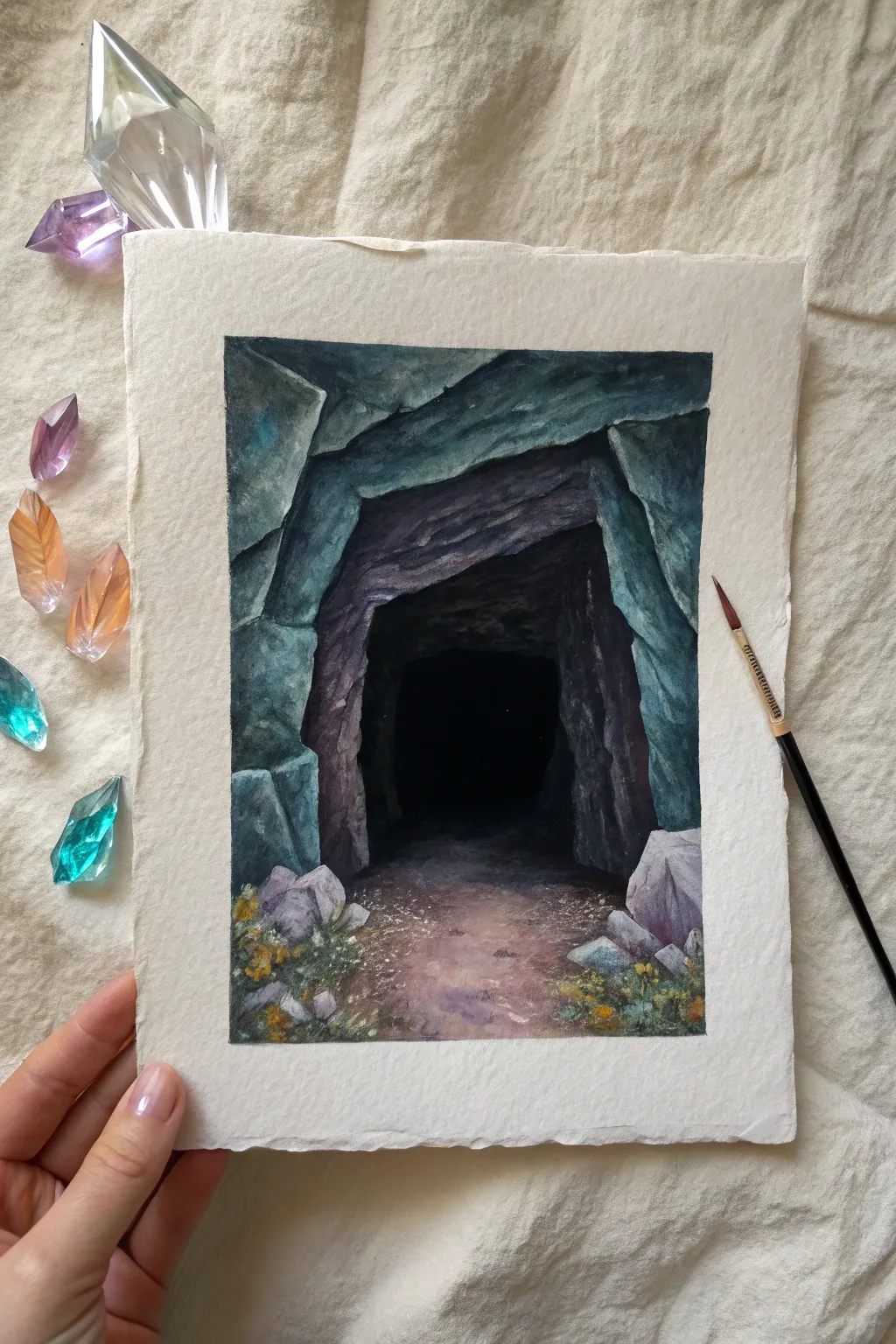 Easy fantasy idea: a shadowy crystal cave entrance with bold geometric gems and simple colors