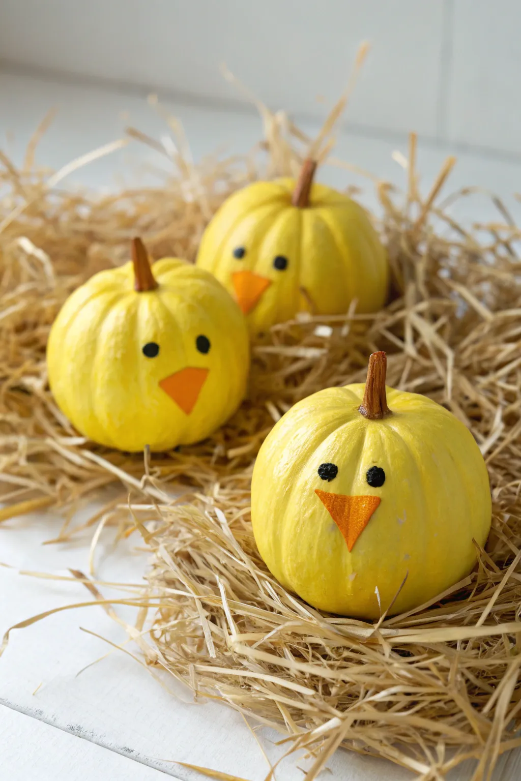 Adorable yellow baby chick pumpkins nestled in straw. A sweet and simple fall DIY.