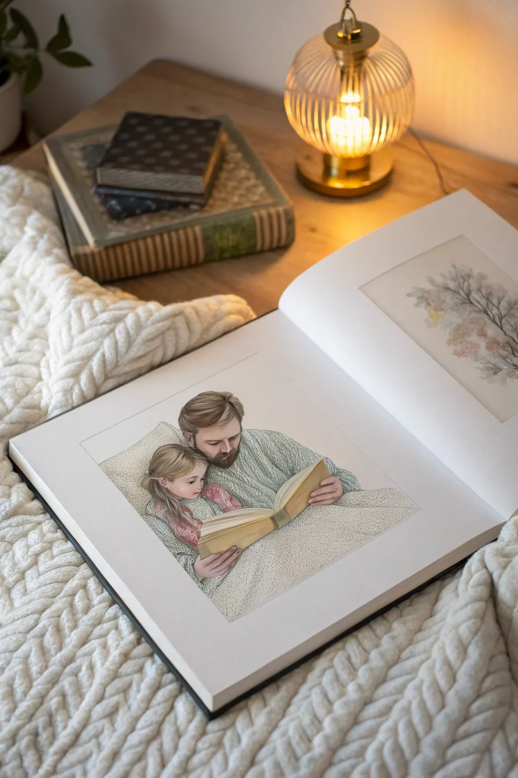 Cozy bedtime story drawing: dad and daughter snuggled under a blanket in warm lamplight