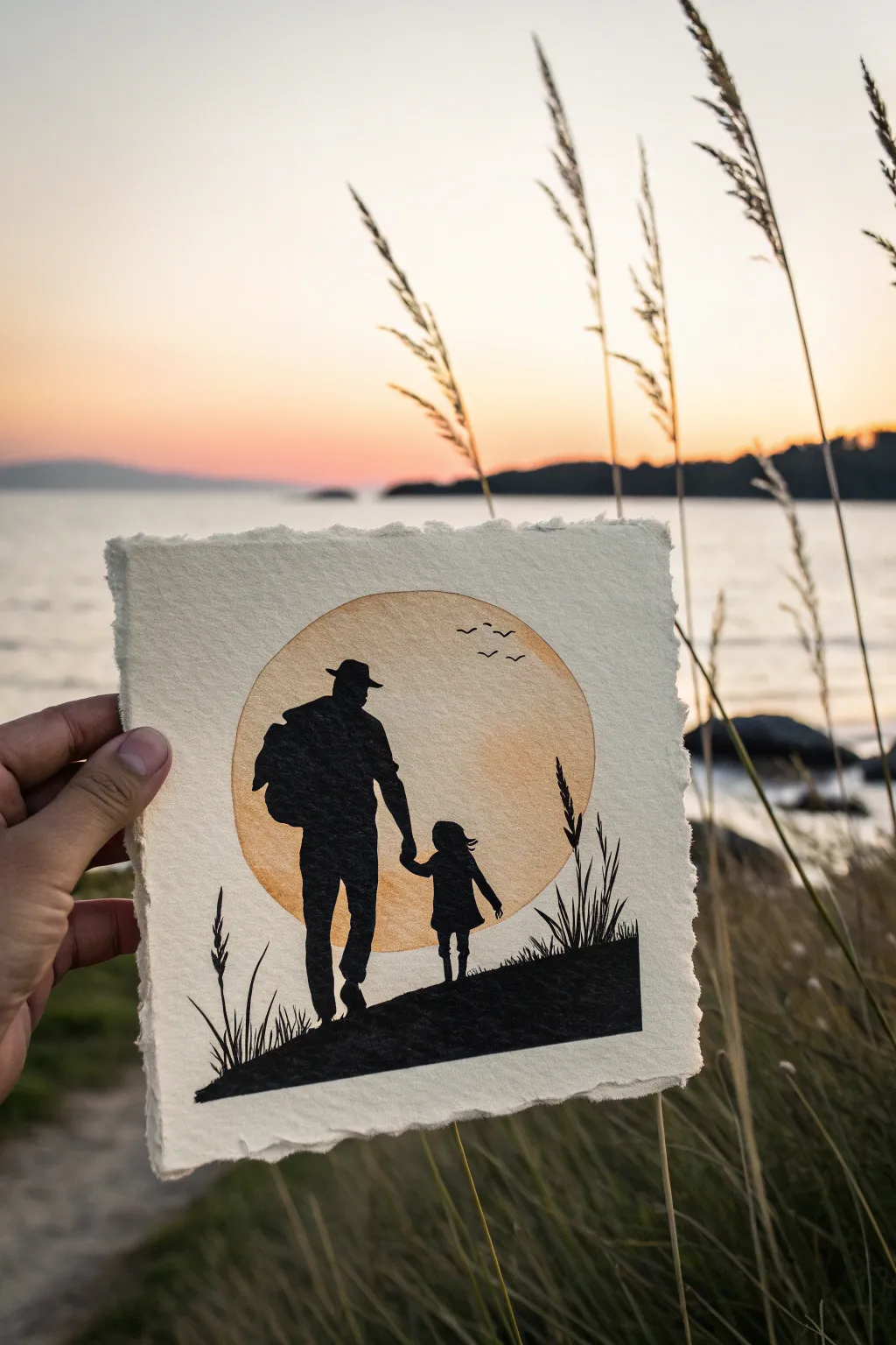 Sweet piggyback silhouette at sunset, minimalist field scene for a father-daughter painting