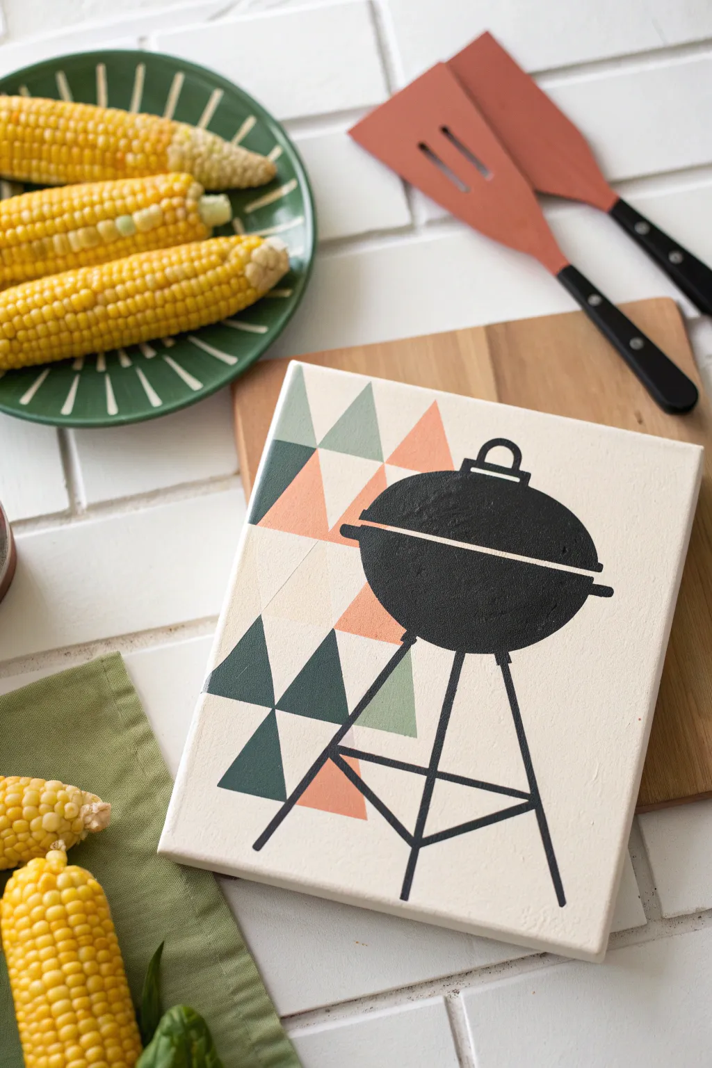 Minimal backyard grill still life on canvas, bold acrylic shapes and warm boho neutrals for Fathers Day